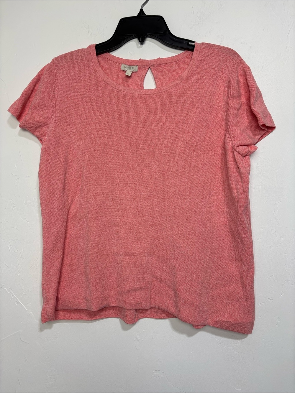 Talbots Women's Pink Knit Short Sleeve Crew Neck Keyhole Bow T-Shirt Size Large